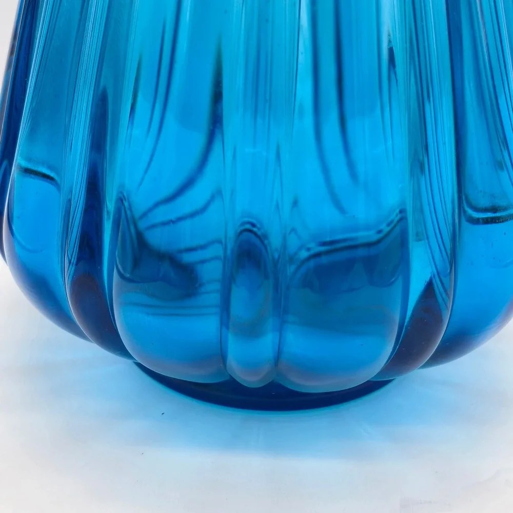 Vintage MCM‎ LE Smith Crystal Blue Swung Glass Ribbed Floor Vase 18 Inch